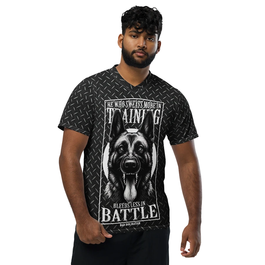 He Who Sweats More in Training Bleeds Less in Battle - Recycled unisex sports jersey product image (1)