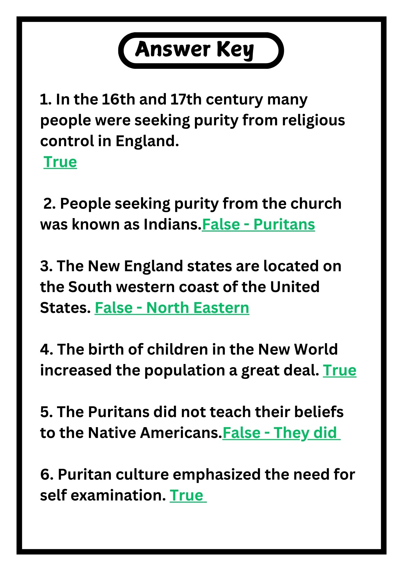 Puritans READING COMPREHENSION PASSAGE AND QUESTIONS | PRINTABLE PDF product image (4)
