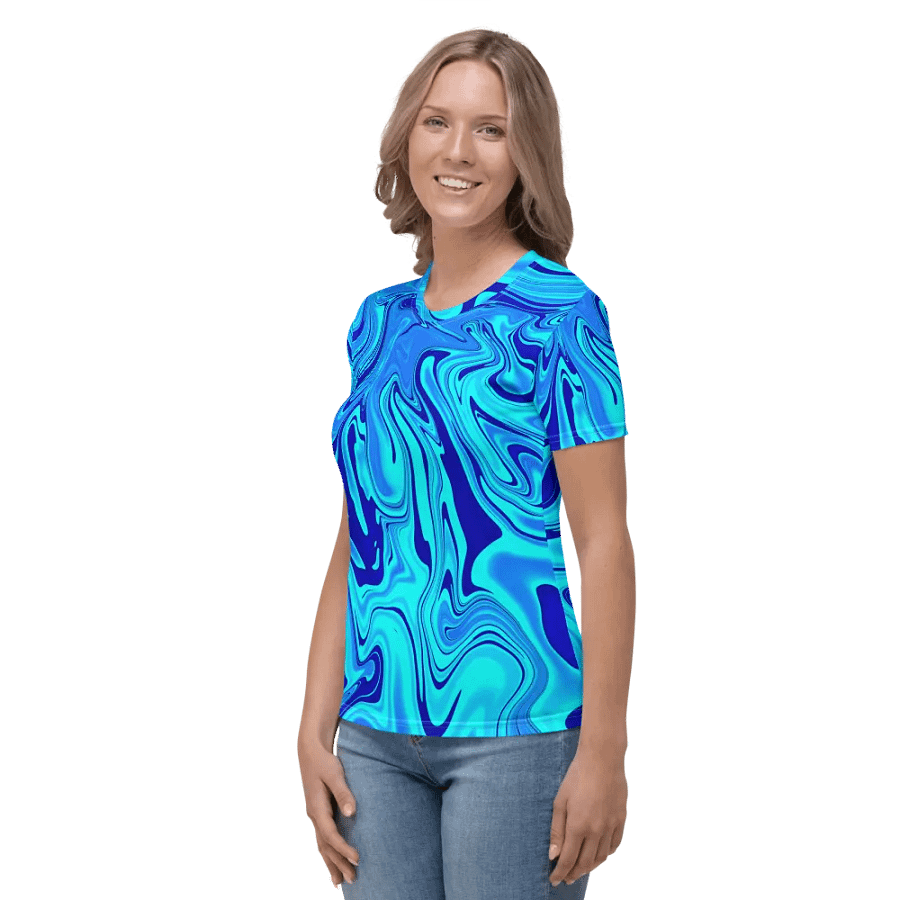 Women's Crew Neck Tshirt - Light and Dark Blue Digital Fluid Art product image (4)