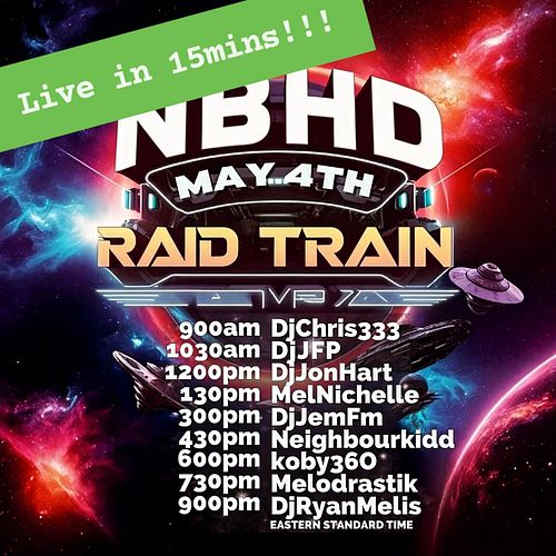 Going live 20mins earlier than planned - come get some house grooves for the NBHD May 4th Raid Train... https://twitch.tv/djj...