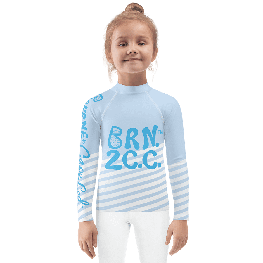 Girls' | Little KIDS | Rash Guard | BRN.2C.C.™ Front Print | BOURNE to Cape Cod™ Back & Sleeve Logo | Coastal UV Shirt for Active Kids | Slim Fit Swim Top | Blue Logo on Patriotic Pastels product image (1)