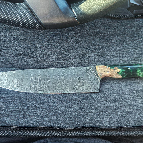 German patter chef made with ladder damascus. On its way to its new home with an actual factual professional chef.