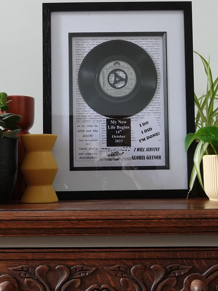 Vinyl Record Art Print. Get your favourite song personalized as an unusual gift for a loved one's divorce celebration. Frame size 428x328mm. product image (1)
