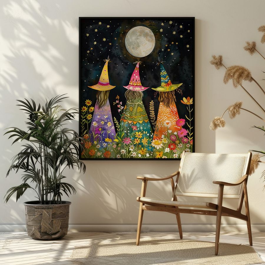 Whimsical Witches Under The Fullmoon Colorful Art Print product image (23)