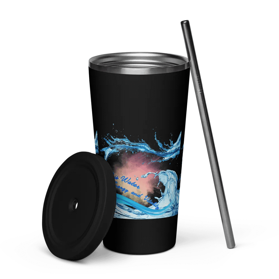 Insulated Tumbler with straw with beautiful swirly  water drop splash and drops design, featuring This water gives energy and vitality product image (5)