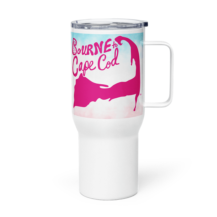BOURNE to Cape Cod™ | Allcolor 267 | Stainless Steel Travel Mug with Handle | Insulated, Spill-Proof, Coastal Adventure Style | Pink Logo on Patriotic Pastels product image (4)