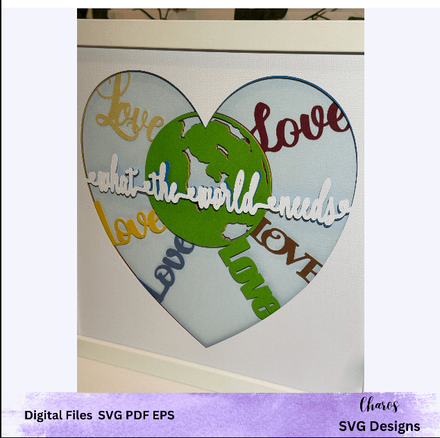 3D SVG 'What The World Needs' Heart-Shaped Earth Embraced by Love Layered Shadow Box Design product image (5)