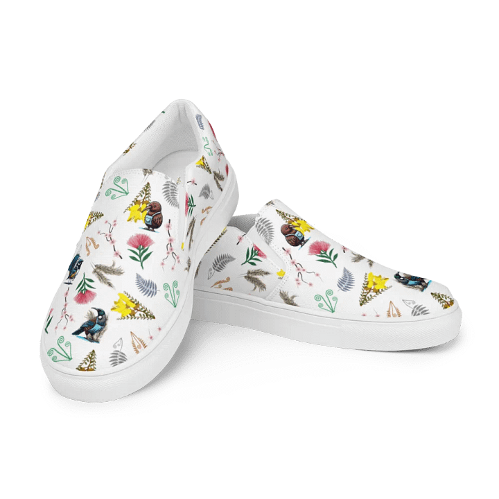 NZ Blooms and Birds Slip-On Canvas Shoes (White) product image (1)