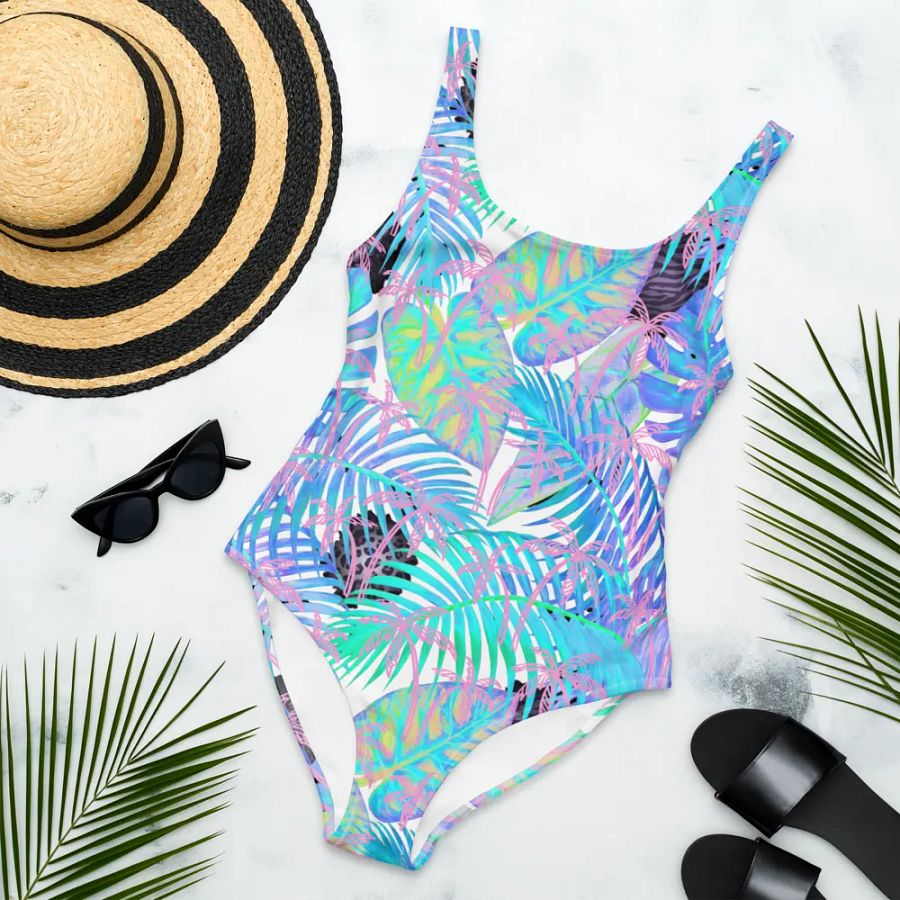 Ladies full swimsuit in lovely tropical blue turquoise palm leaves design. Fresh and trendy. product image (4)