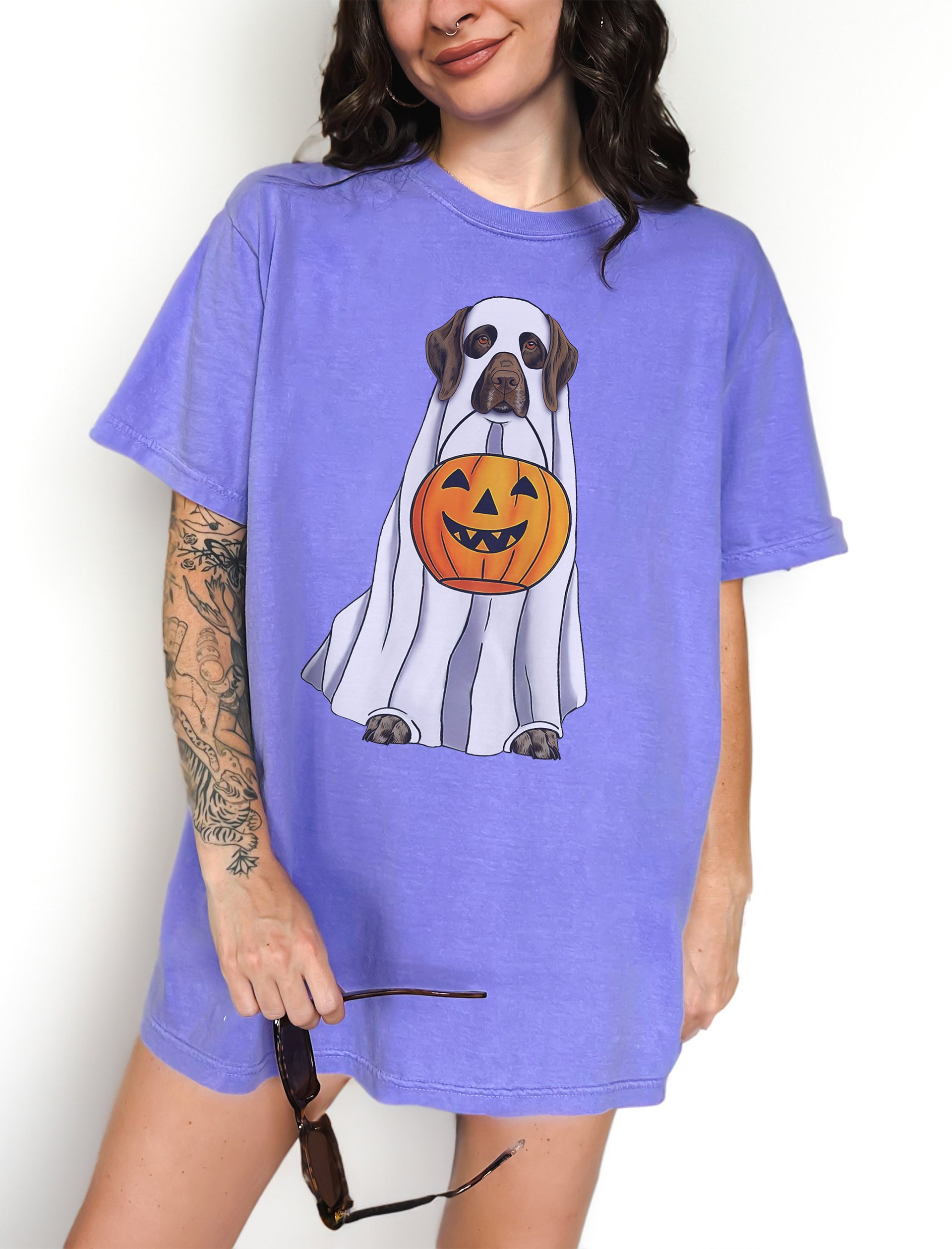 German Shorthaired Pointer (2) Halloween Tee | Funny Halloween GSP Wearing a Ghost Costume with Pumpkin Basket product image (21)