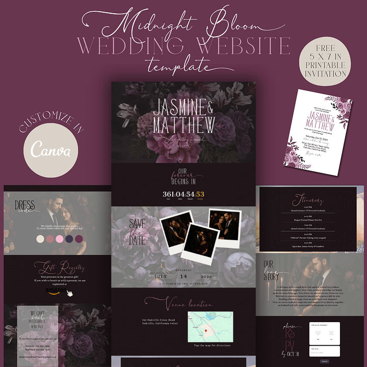 Midnight Bloom Wedding Website | Moody Floral Wedding Template | Editable Canva Website | RSVP Form | Fall Winery Candlelight Theme | Digital Invite product image (1)
