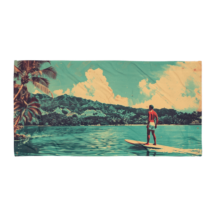 VINTAGE SURFER BODY TOWEL – 30"x60", COTTON TERRY BACK, RETRO ISLAND SCENE product image (1)