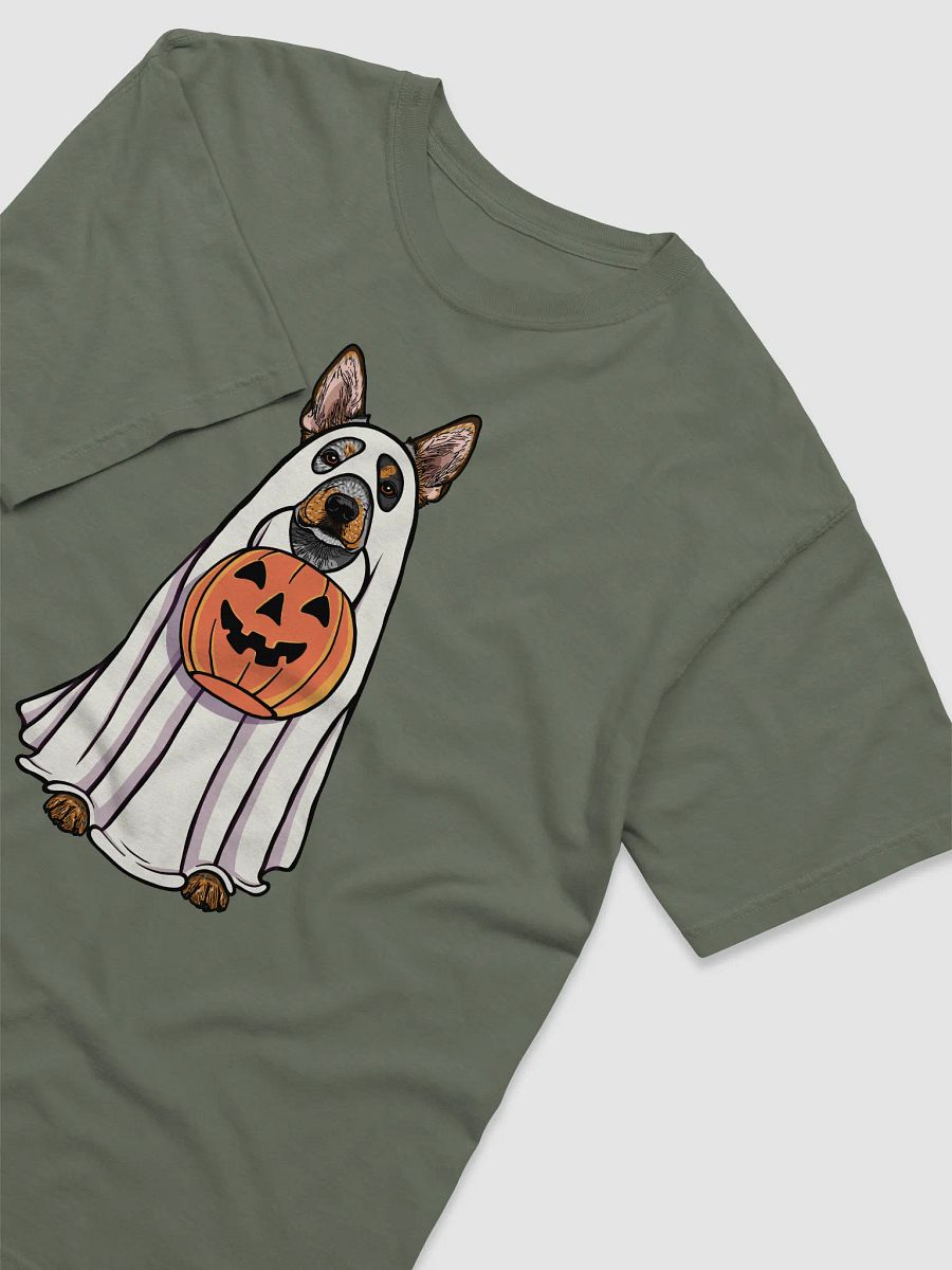 Funny Halloween Australian Cattle Dog(3) T-Shirt | Funny Blue Heeler Wearing a Ghost Costume and Holding a Pumpkin Basket product image (14)