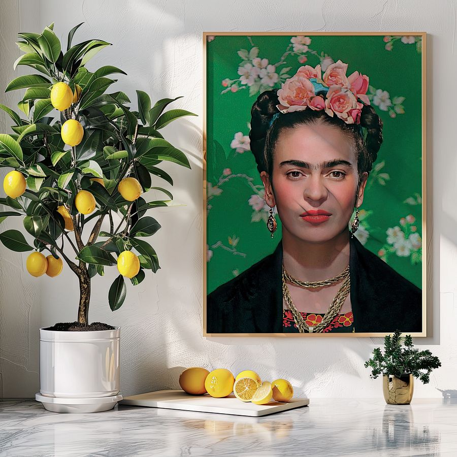 Frida Kahlo Portrait Photo in front of Green Floral Background product image (8)