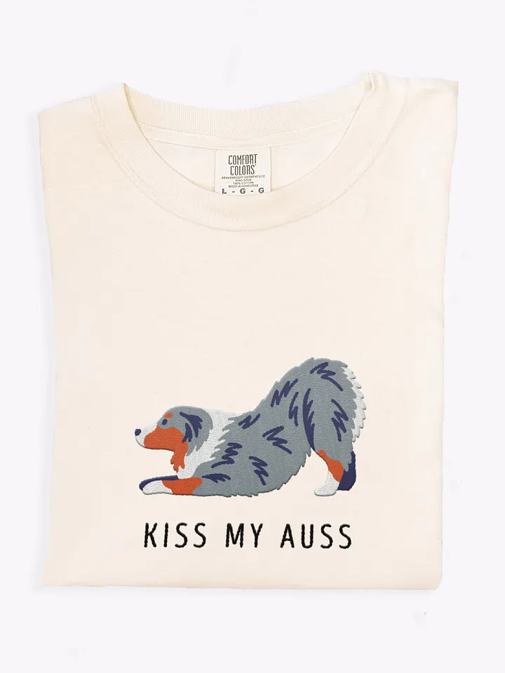 Kiss My Auss(2) T-Shirt(Embroidered) of an Australian Shepherd(Blue Merle) product image (1)
