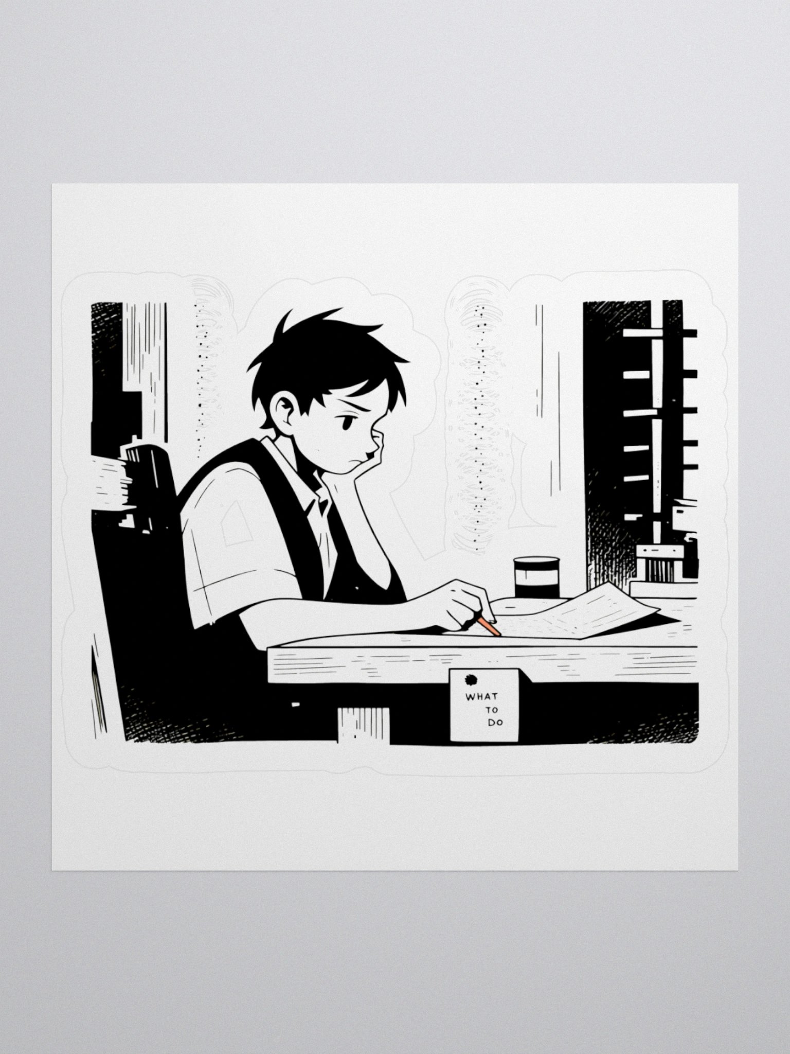 Vintage Schoolboy Studying: Classic Black & White Art Sticker product image (2)