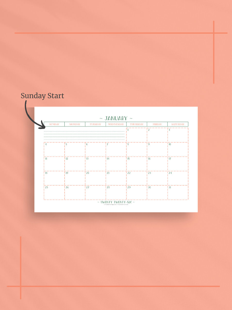 Peachy Green 2026 Calendar - Single Page per Month, Sunday Start, Half Letter Size product image (2)
