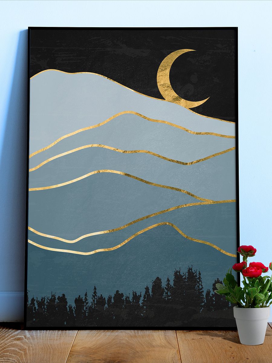Golden landscape with moon #3 — Japanese golden poster, travel poster, aesthetic poster product image (1)
