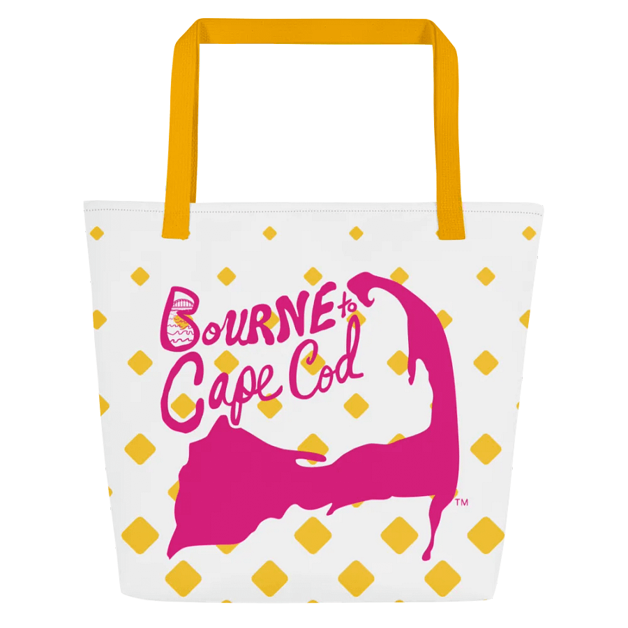 BOURNE to Cape Cod™ | Large Tote Bag with Pocket | Coastal Classic | All-Over Logo Print | Pink Logo | Retro Mod Yellow Diamond product image (2)