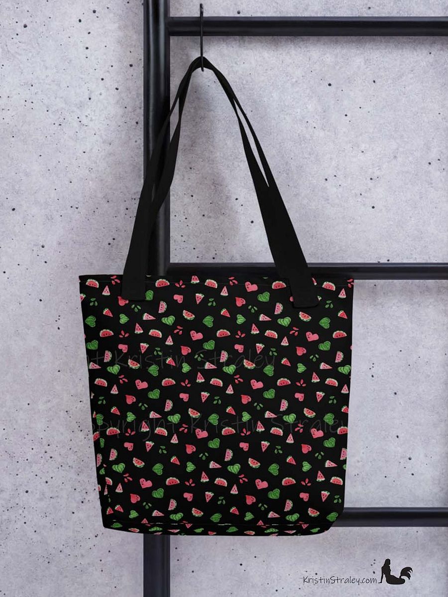 Tossed Watermelons and Hearts on Black Reusable Tote Bag product image (5)