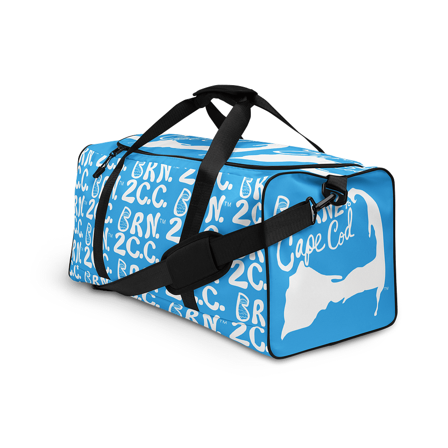 BOURNE to Cape Cod™ | Duffle Bag | BRN.2C.C.™ | Coastal Gym & Travel Gear | 22" All-Over Print Weekender | White Logos on Deep Sky Blue product image (3)