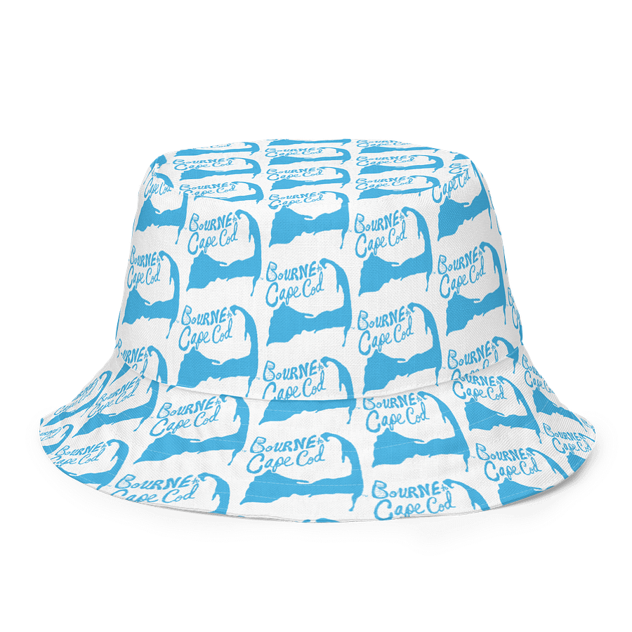 Adults Unisex | Reversible Bucket Hat – BOURNE to Cape Cod™ x BRN.2C.C.™ All-Over Logo Print | Coastal Style Sun Hat | Deep Sky Blue & White product image (1)