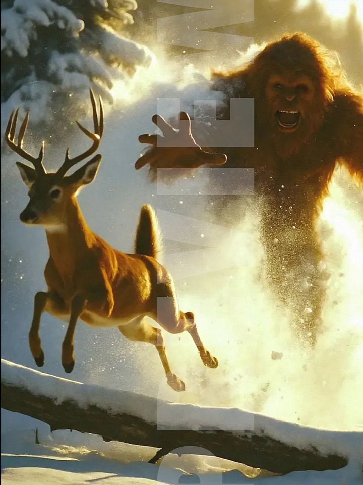 Red Devil Ambush – Bigfoot vs. Whitetail | 24x18 Framed Cryptid Art Print product image (1)