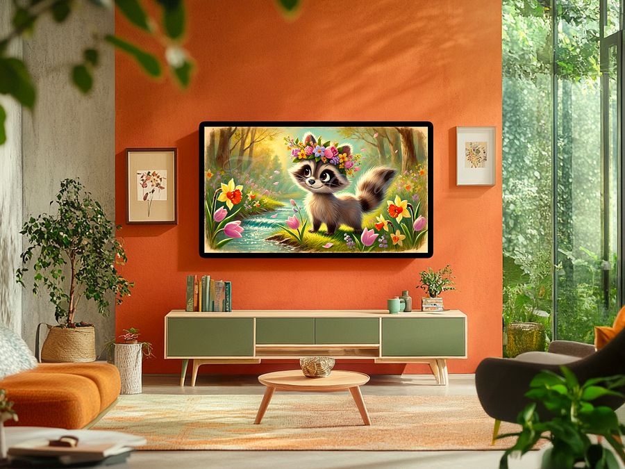 Spring Frame TV Art, Raccoon Floral Wreath Painting, Cute Easter Decor Digital Download product image (5)