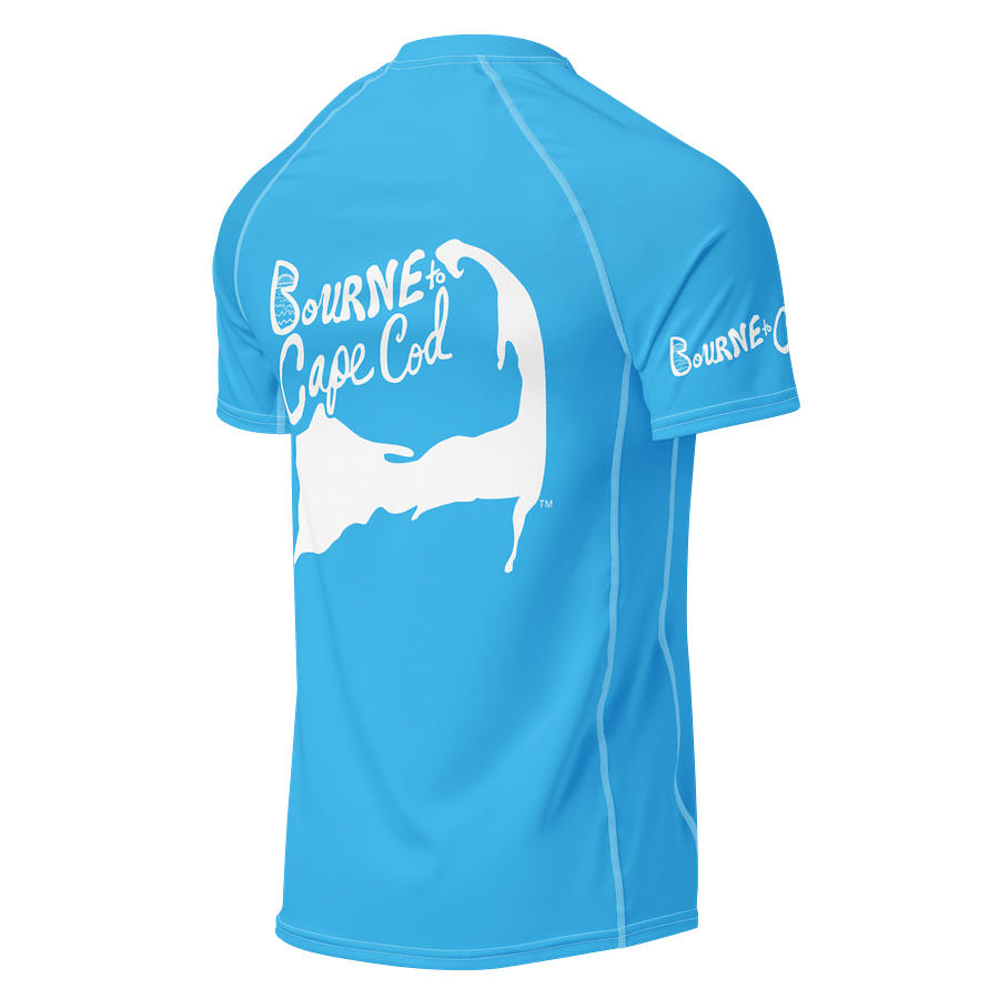 BRN.2C.C.™/BOURNE to Cape Cod™ | Men’s Performance Rash Guard | Recycled UPF 50+ Surf Shirt | White Logos on Deep Sky Blue product image (2)
