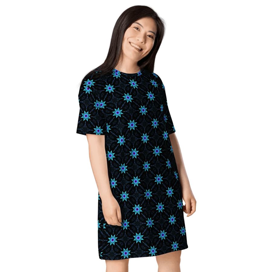 Abstract Repeating Turquoise Floral T Shirt Dress product image (8)