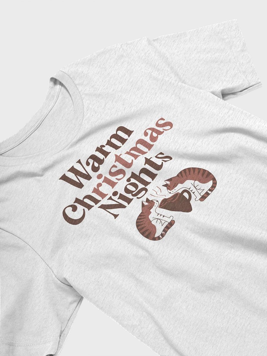 “Warm Christmas Nights” t-shirt, holiday spirit apparel, cozy winter evenings shirt, serene cats illustration, steaming mug graphic, holiday gatherings outfit, Christmas gift idea, winter season shirt product image (3)