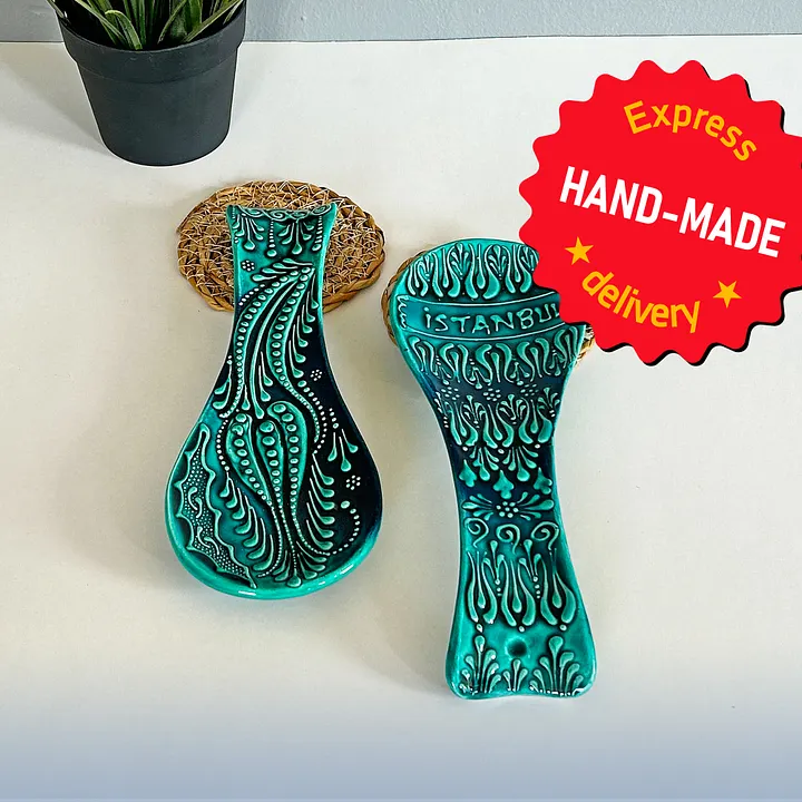 Ceramic turquoise spoon rest — handmade pottery, handmade ceramic, home decor, handmade gift, Turkish ceramic product image (1)