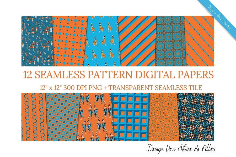 ORANGE & BLUE - 12 SEAMLESS PATTERN DIGITAL PAPERS product image (1)