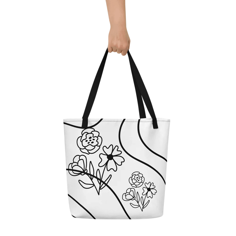 All-Over Print Large Tote Bag w/ Pocket - Flower on Black Lining product image (5)