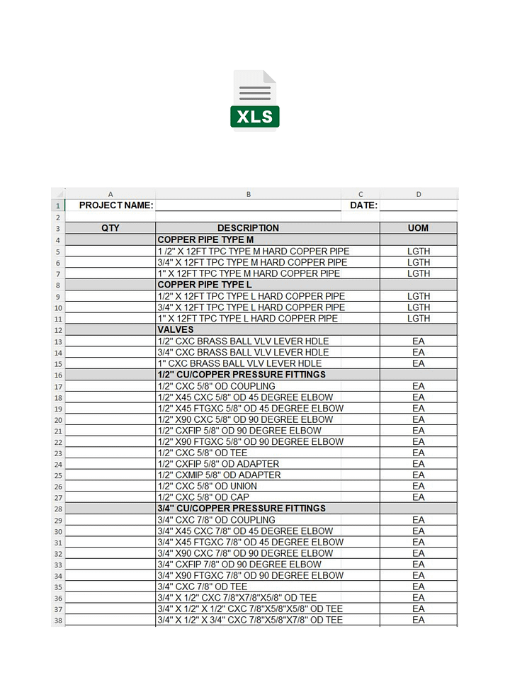 Domestic Water CU BOM MS Excel Template No. 1 product image (1)