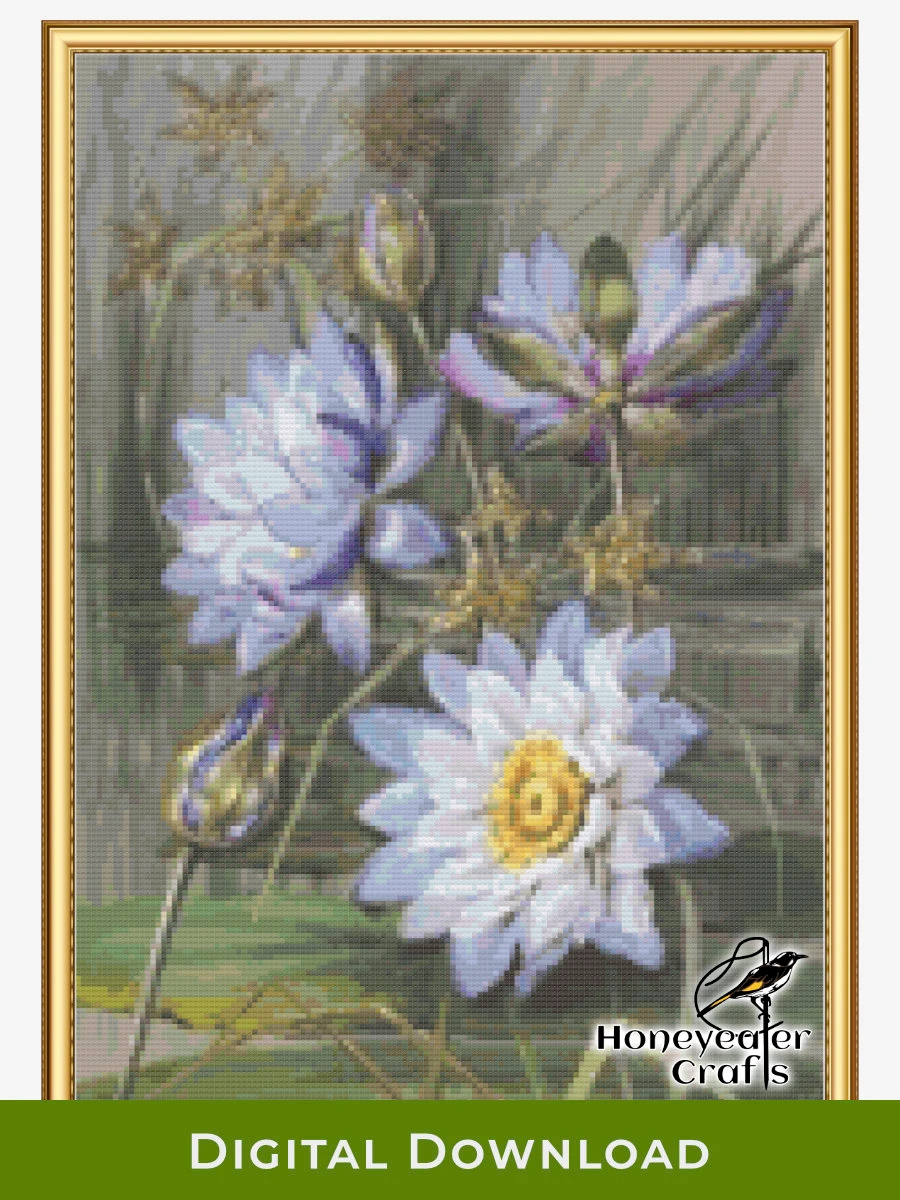 Blue White Water Lily: Floral Cross Stitch Pattern PDF product image (1)