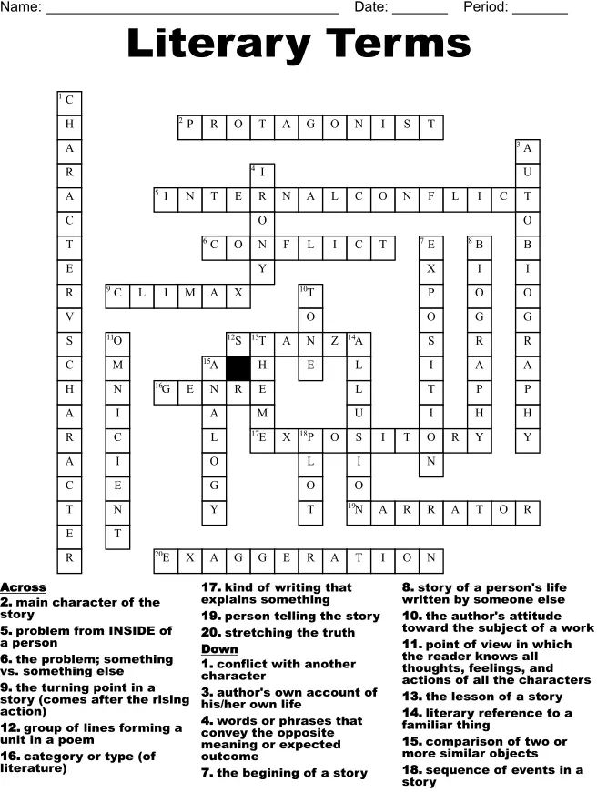 Literary Terms Crossword Puzzle Printable product image (3)