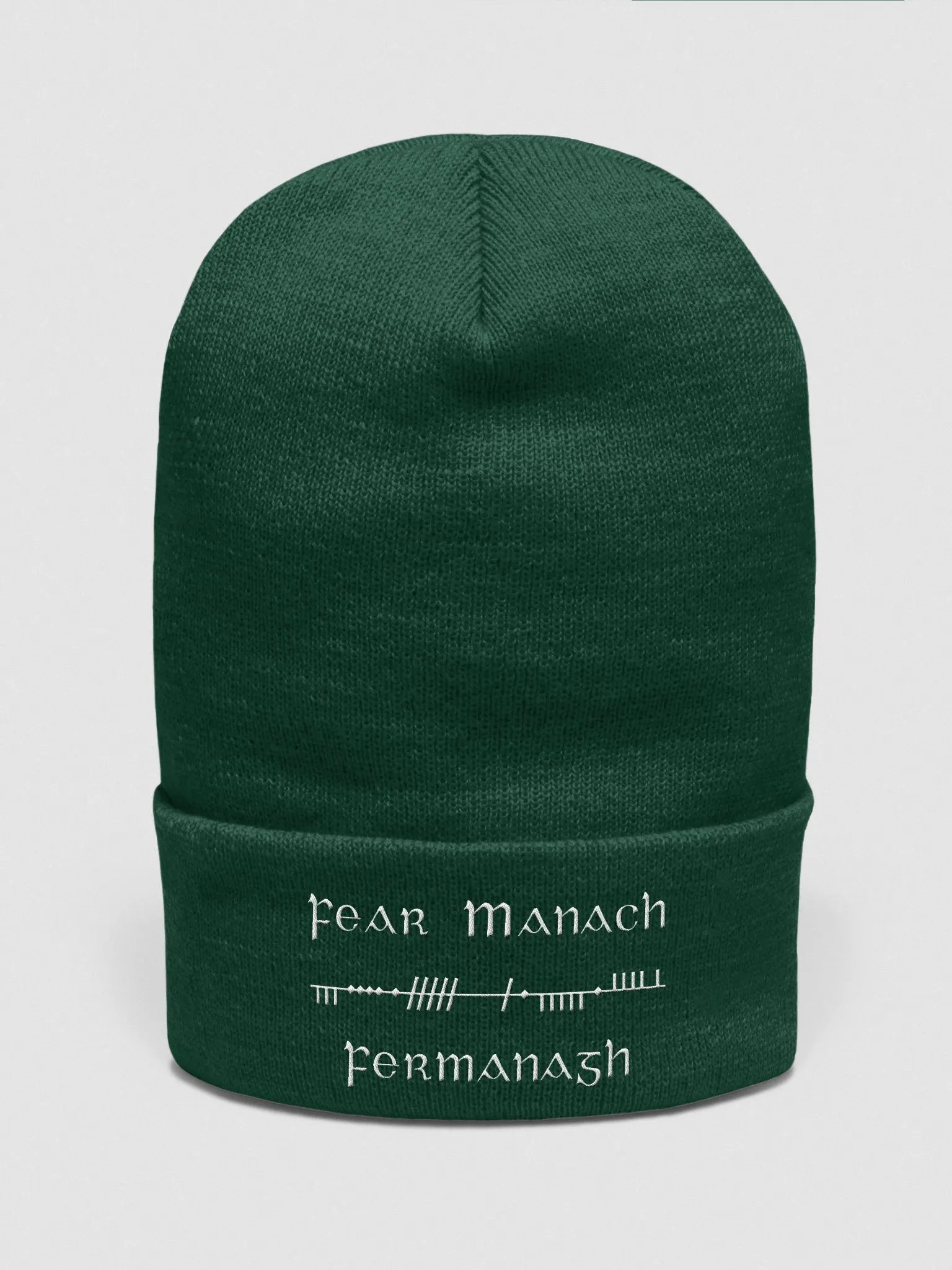 Fermanagh/Fear Manach, Green with white, Scholastic style Ogham embroidered Cuffed Beanie product image (1)