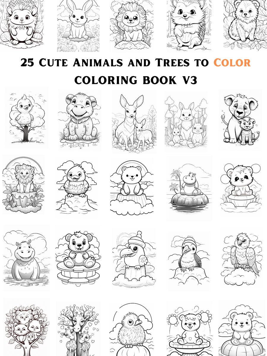 25 CUTE ANIMALS AND TREES TO COLOR 🎨 PRINTABLE ANIMALS COLORING BOOK V3🖍 product image (1)