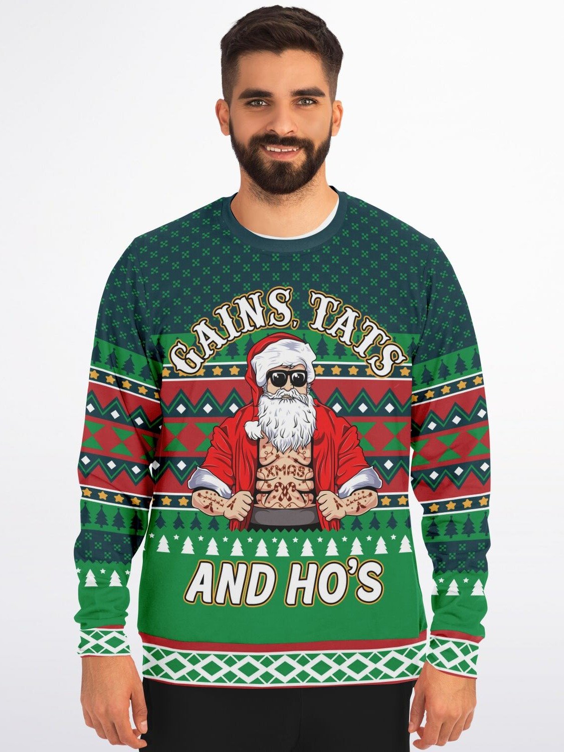 "Gains Tats and Ho's" Christmas Sweater | Funny Gym Santa Sweatshirt | Fitness Holiday Party Outfit product image (1)