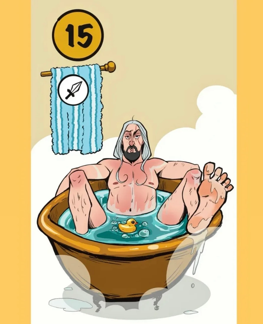 Illustrated image of Geralt in the bathtub