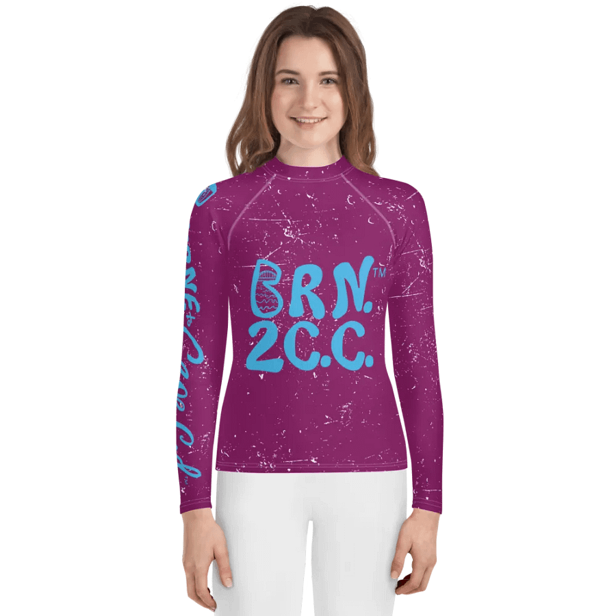 Girls' | YOUTH | Rash Guard | BRN.2C.C.™ Front Graphic | BOURNE to Cape Cod™ Sleeve & Back Logo | Coastal Swim Shirt for Kids | UV Protection Activewear | Blue Logo on Distressed Purple product image (1)