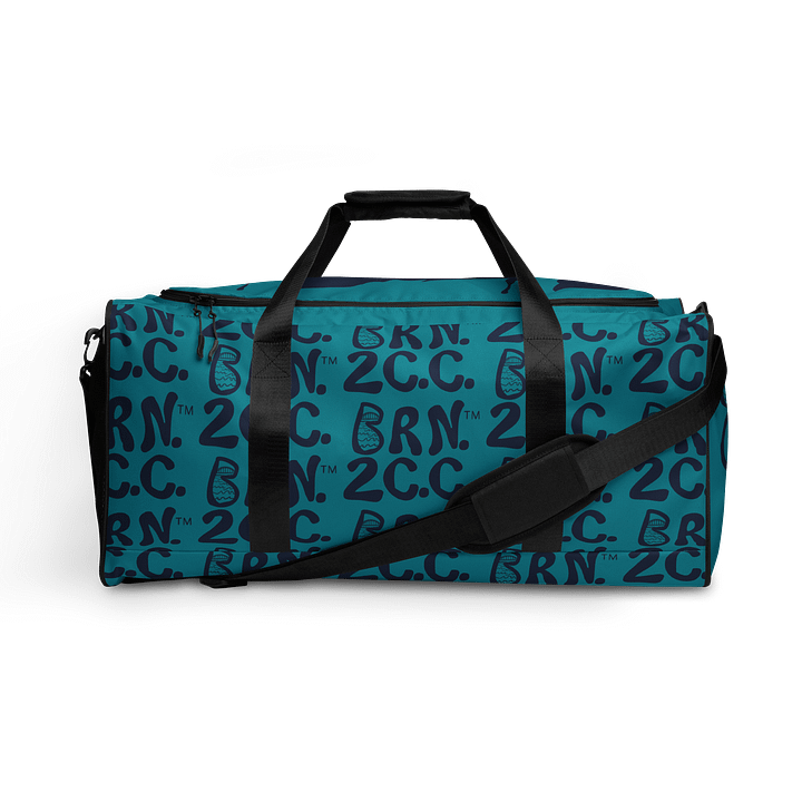 BOURNE to Cape Cod™ | Duffle Bag | BRN.2C.C.™ | Coastal Gym & Travel Gear | 22" All-Over Print Weekender | Navy Blue Logos on Calm Medium Blue product image (1)