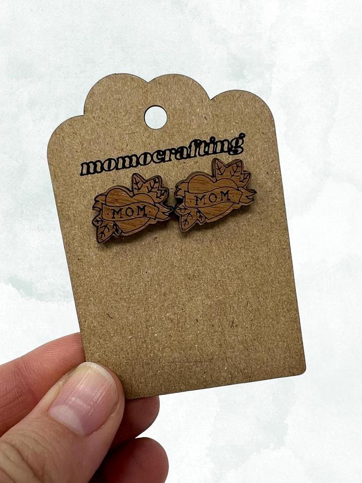 Mom Heart Tattoo Stud Earrings (Walnut Wood) product image (1)