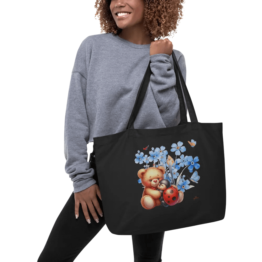Forget-Me-Not Whispers Teddy Bear Tote Bag (Large) – Organic Cotton Twill, Floral Design with Teddy Bear & Ladybug, Eco-Friendly Bag product image (6)
