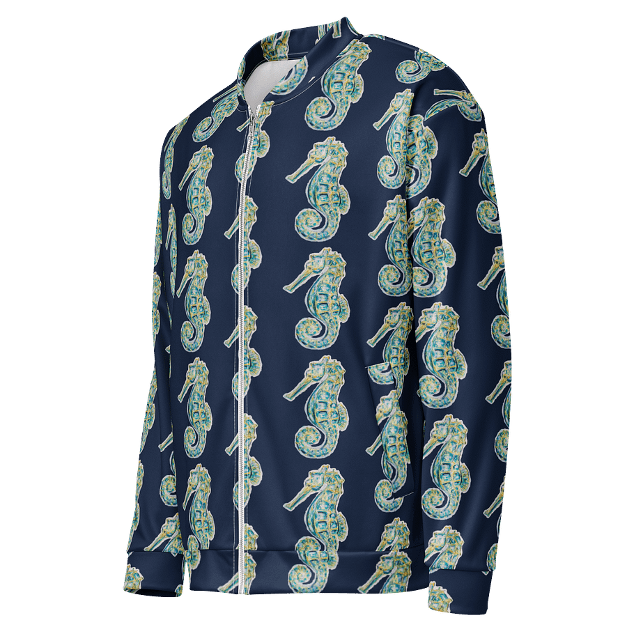 All-Over Print Bomber Jacket | Coastal Cool, City Bold | Monique Faella Designs™ Style | Deep Sky Blue Logos on Painted Seahorses Pattern product image (3)