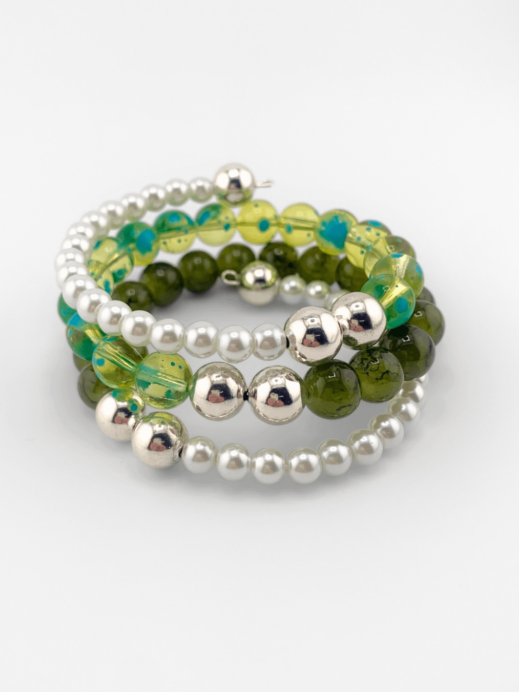Glass and Pearl Beaded Memory Wire Bracelet - Green product image (1)