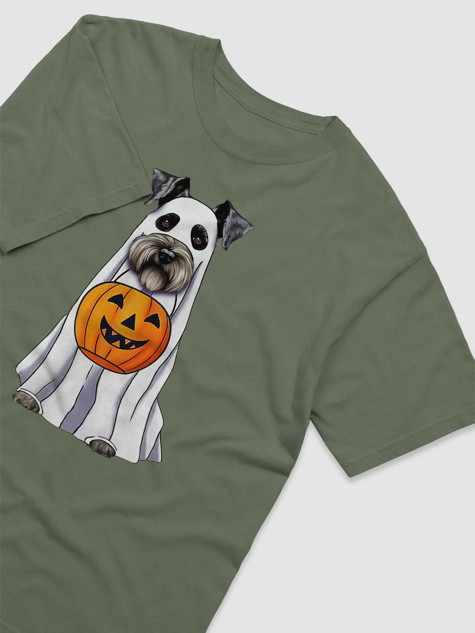 Schnauzer Halloween Tee | Funny Fall & Halloween Schnauzer Wearing a Ghost Costume with Pumpkin Basket product image (3)