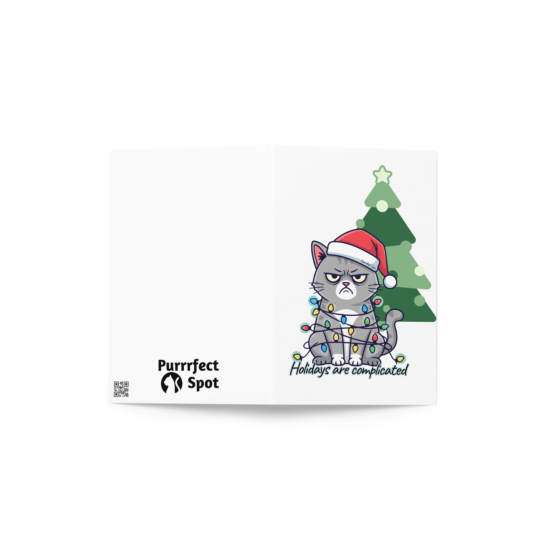 Holidays Are Complicated” Funny Grumpy Cat Christmas Card – Cute Cat Tangled in Lights – Holiday Greeting Card with Envelope product image (5)