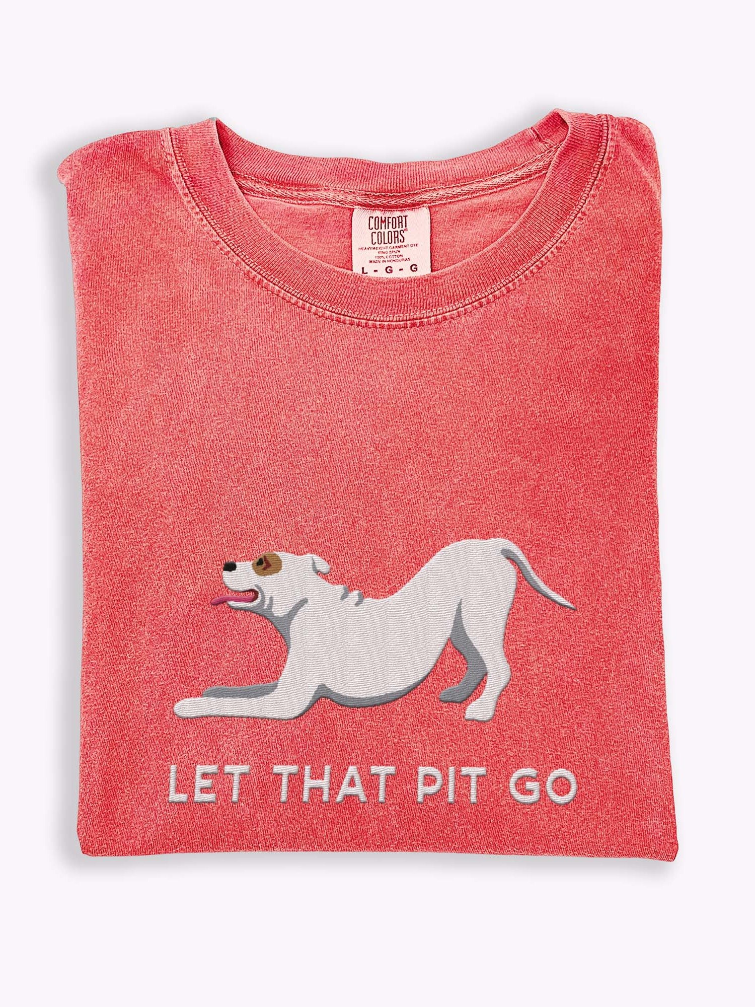 Let That Pit Go T-Shirt(Embroidered) of a Pitbull Terrier(White) product image (1)
